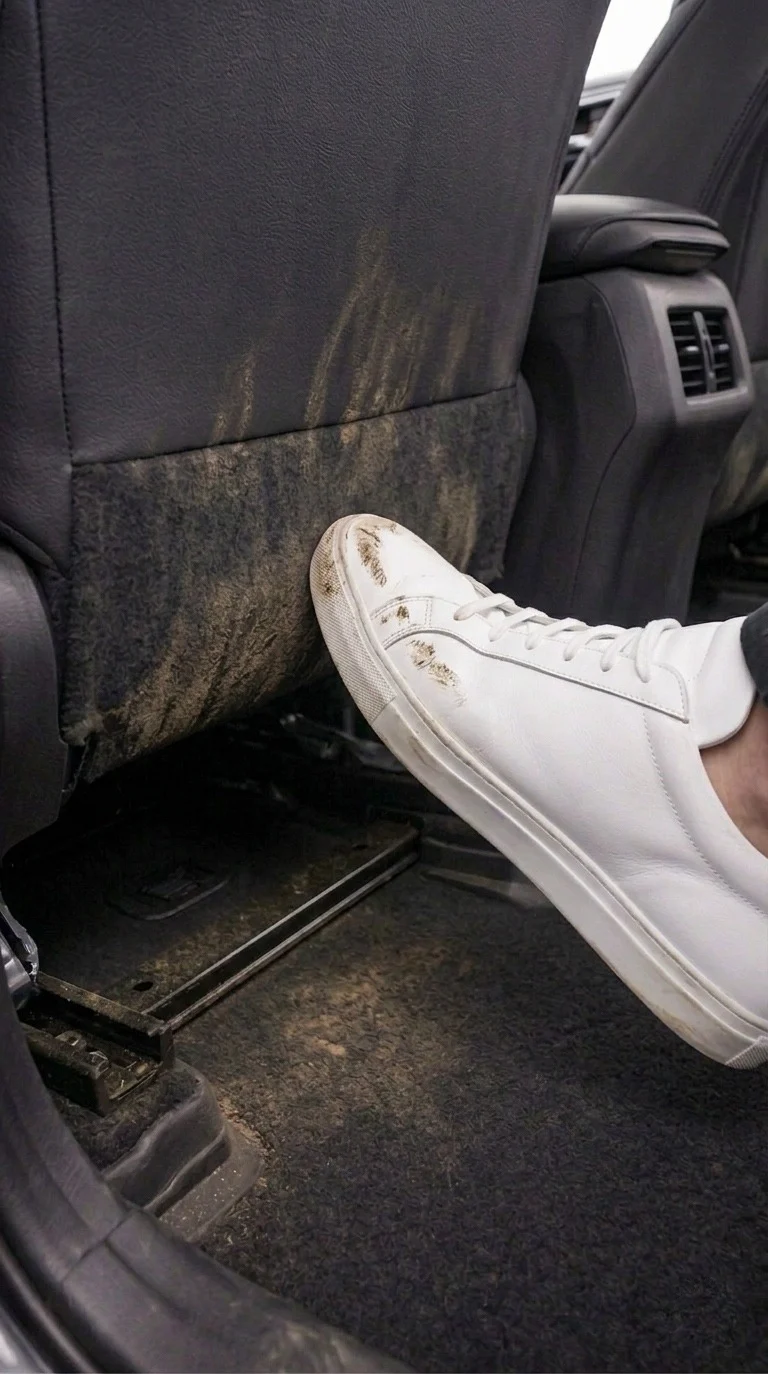 Muddy white sneaker resting against dirty car seat back fabric trim