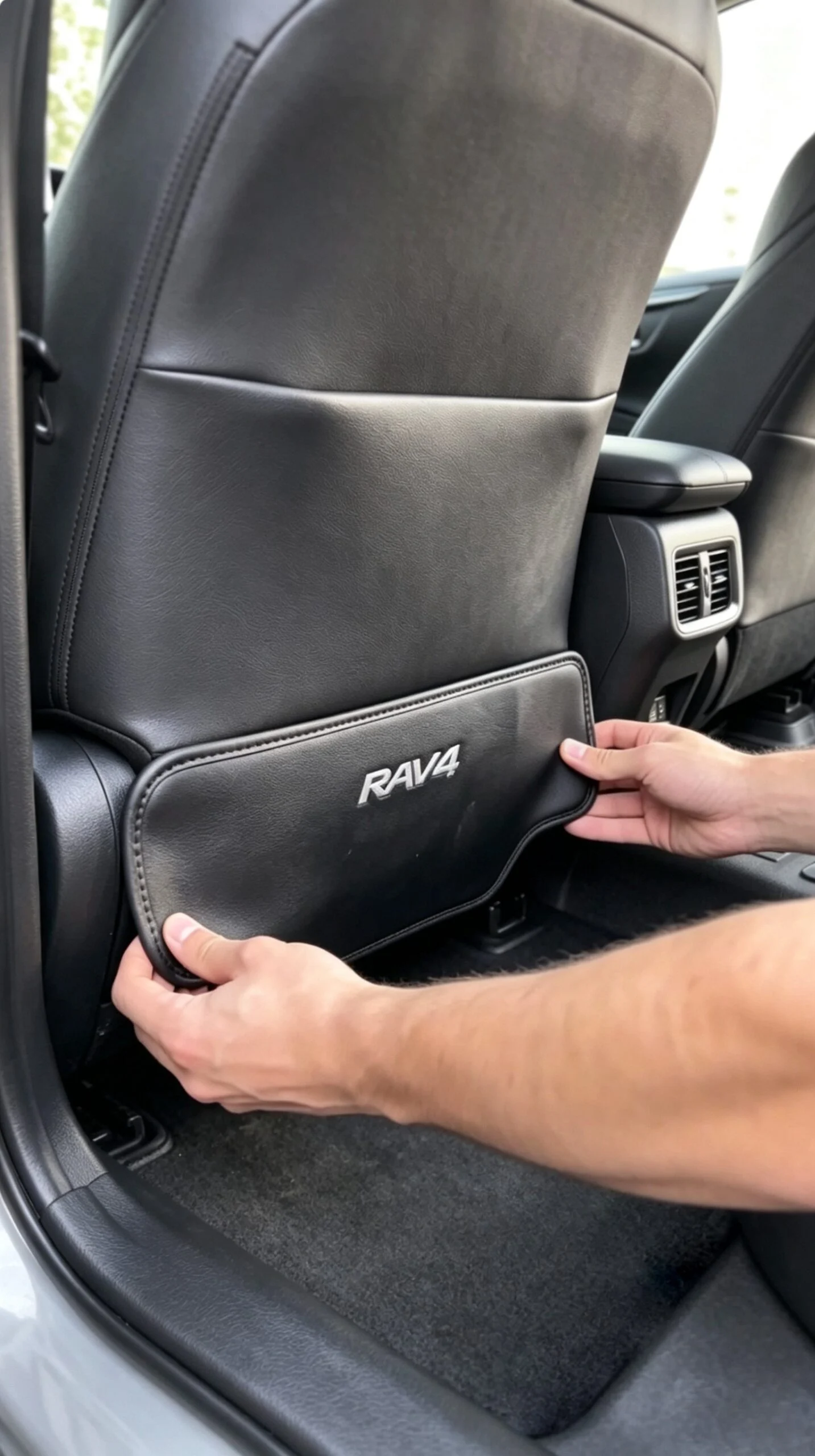 Wiping down a dirty seat back panel with a microfiber cloth